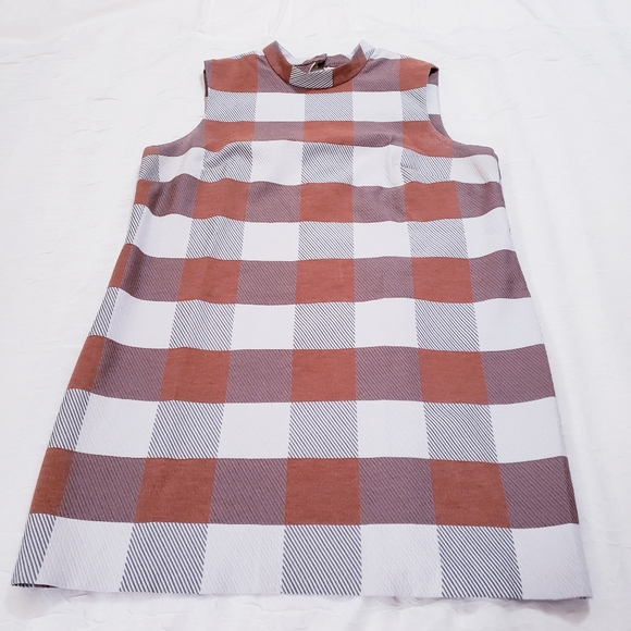 ASOS Brown Cream White Plaid Sleeveless Mini Shift Dress Mid-Century Mod Retro - Picture 2 of 11